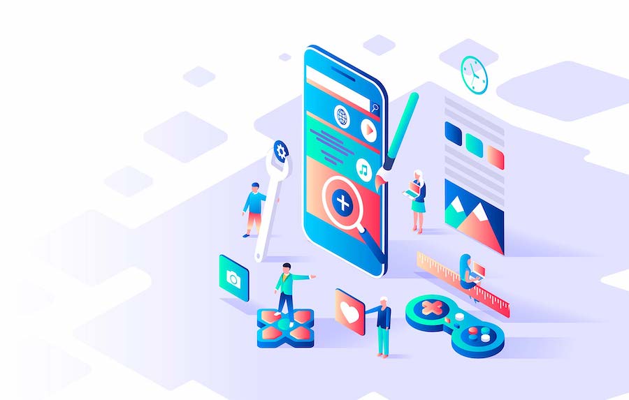 Modern flat design isometric concept of App Development for banner and website. Isometric landing page template. Mobile application, user and developer group. Vector illustration.